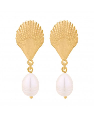 Złote kolczyki z muszelkami i perłami naturalnymi
