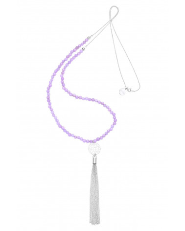 Długi fioletowy naszyjnik z rozetką i srebrnym łańcuszkowym chwostem
