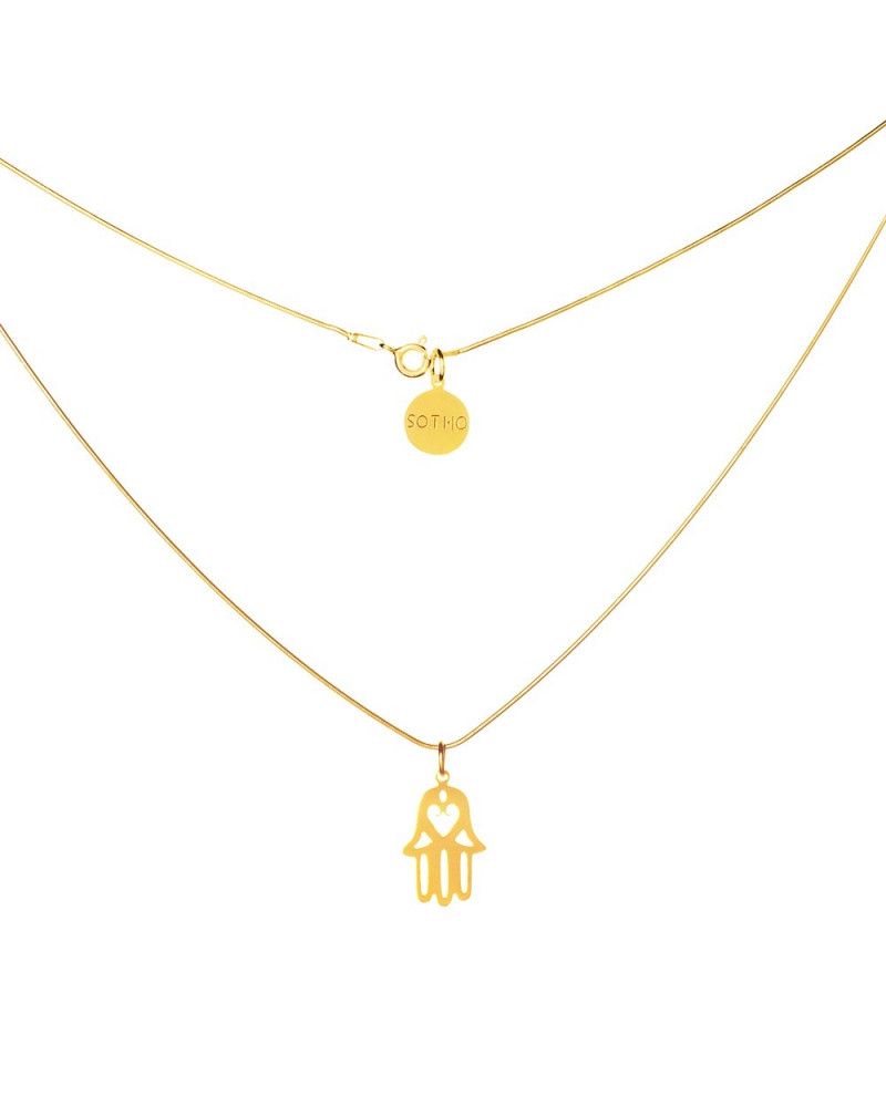 Złoty modowy naszyjnik symbol ręka Fatimy łańcuszek żmijka