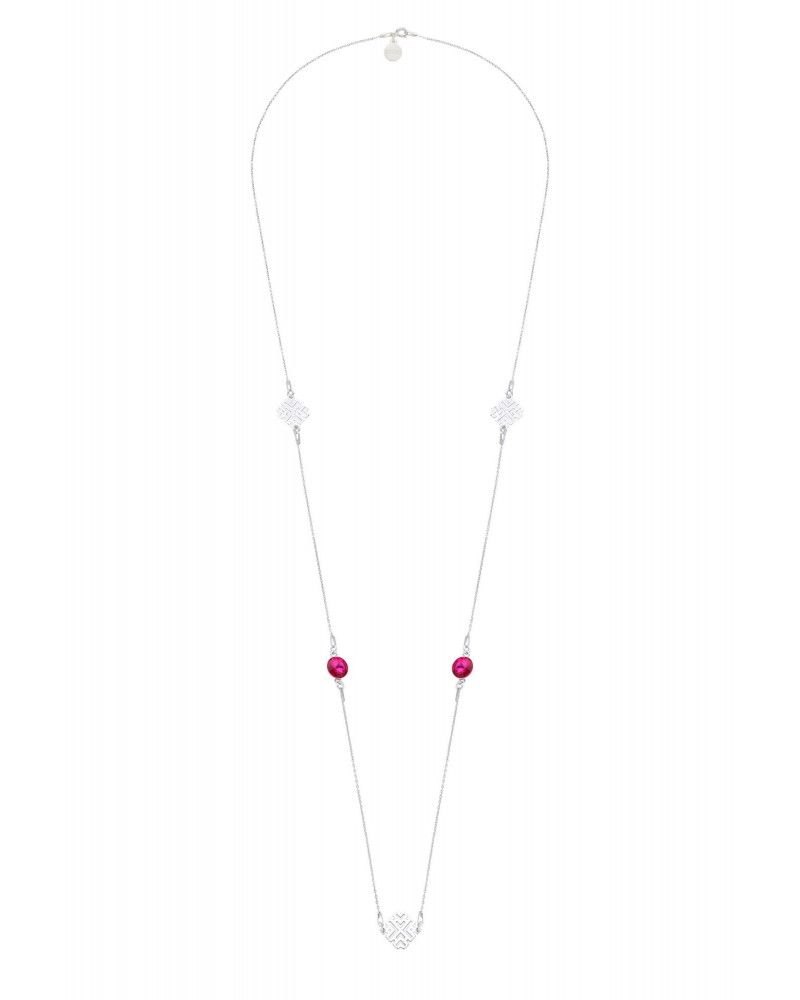 Długi srebrny naszyjnik z arabskimi rozetami i ciemno różowymi kryształami SWAROVSKI® CRYSTAL