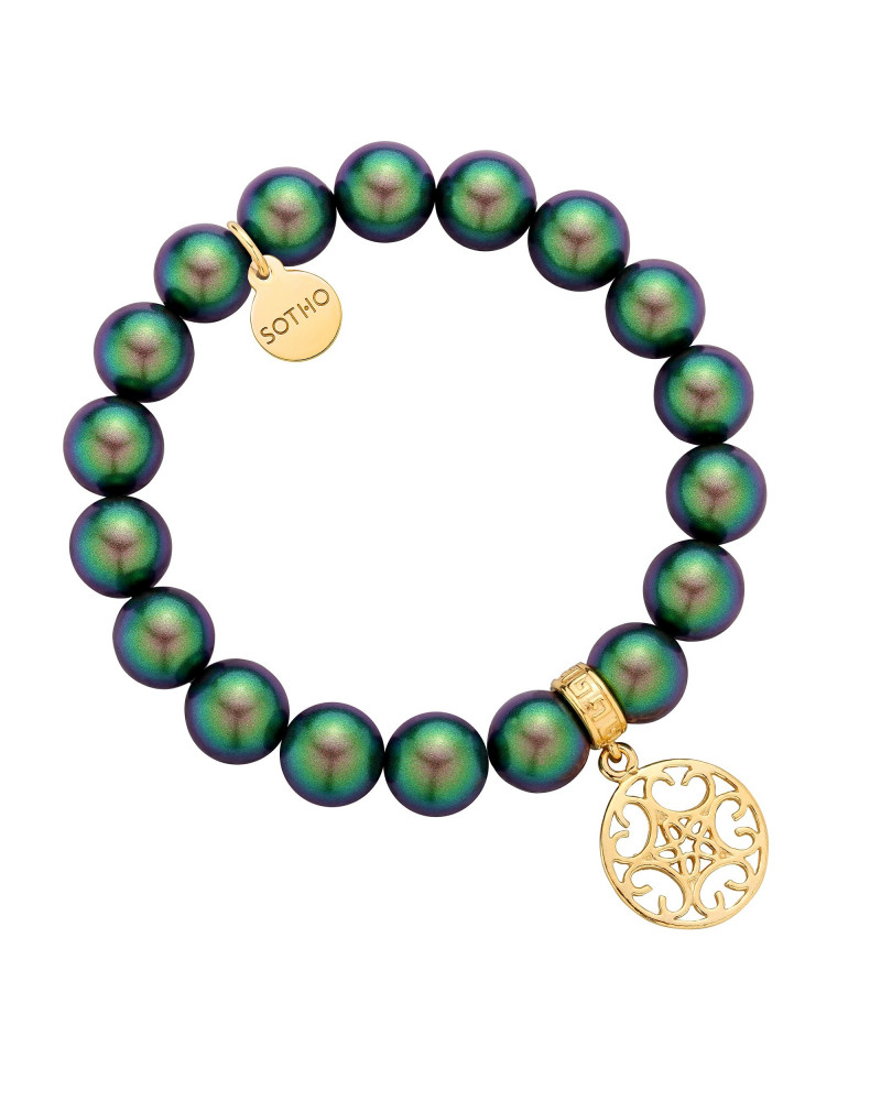 Zielona bransoletka z pereł SWAROVSKI® CRYSTAL ze złotą okrągłą rozetką