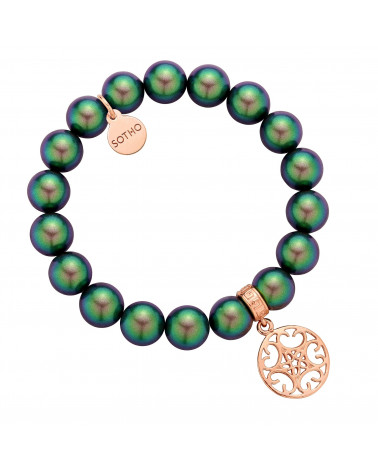 Zielona bransoletka z pereł SWAROVSKI® CRYSTAL z okrągłą rozetką z różowego złota