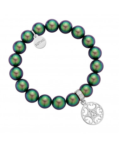 Zielona bransoletka z pereł SWAROVSKI® CRYSTAL ze srebrną okrągłą rozetką