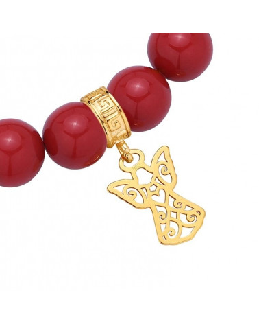 Czerwona bransoletka z pereł SWAROVSKI® CRYSTAL ze złotym ażurowym aniołkiem