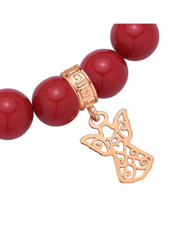 Czerwona bransoletka z pereł SWAROVSKI® CRYSTAL z ażurowym aniołkiem z różowego złota