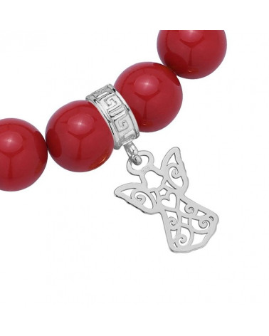 Czerwona bransoletka z pereł SWAROVSKI® CRYSTAL ze srebrnym ażurowym aniołkiem