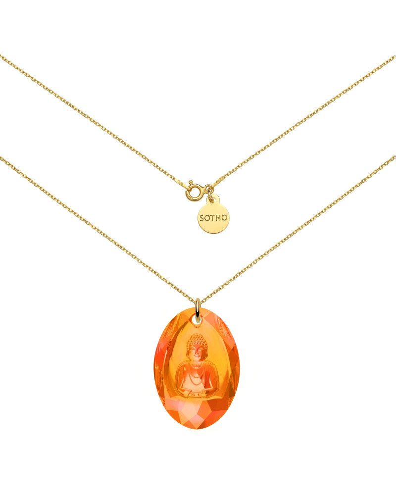 Długi złoty naszyjnik z pomarańczowym opalizującym Buddą SWAROVSKI® CRYSTAL