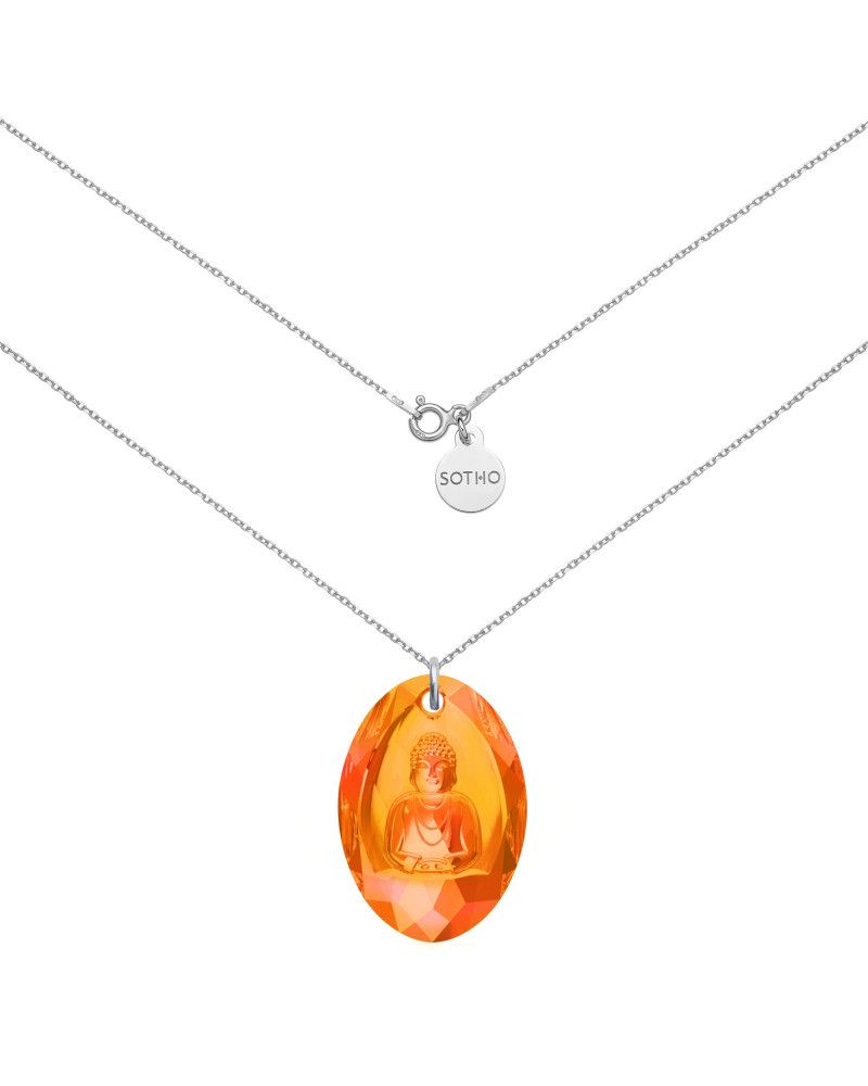 Długi srebrny naszyjnik z pomarańczowym opalizującym Buddą SWAROVSKI® CRYSTAL