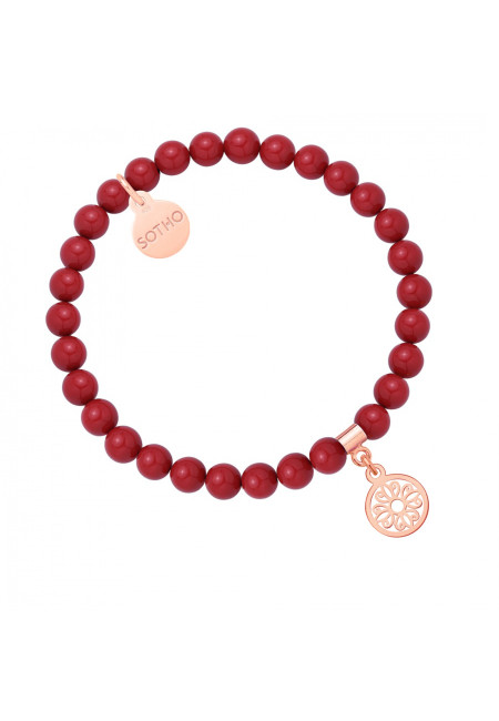 Czerwona bransoletka z pereł SWAROVSKI® CRYSTAL z rozetką z różowego złota