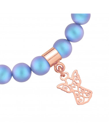 Niebieska bransoletka z pereł SWAROVSKI® CRYSTAL z ażurowym aniołkiem z różowego złota